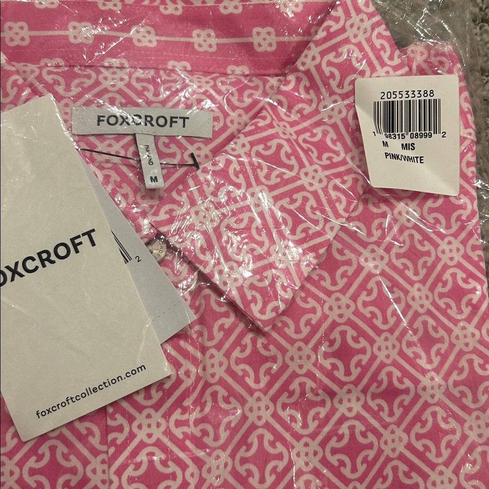 Margie Geo Lattice Three-Quarter Sleeve Button-Up Shirt Pink/White M - Picture 5 of 5